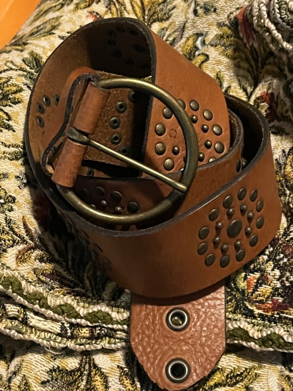 Wide Brown Leather Belt 41" Long w/Large Brass Buckle & Brass Studded Designs
